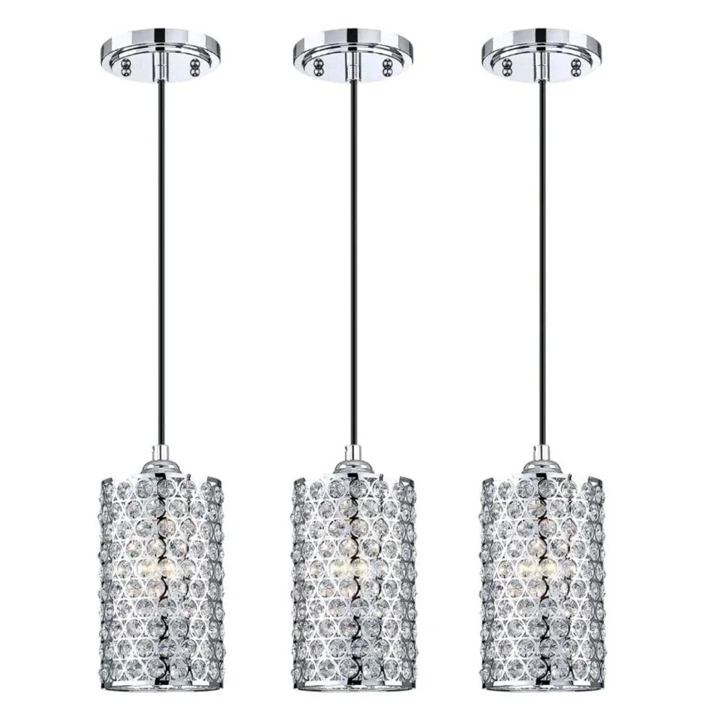 3 Pack Crystal Pendant Light, Modern Chrome Kitchen Island Pendant Lighting
